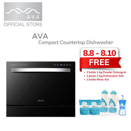 AVA Compact Countertop Dishwasher w/ UV-C Sterilization w/ FREE Dishwasher Powder Detergent, Rinse Aide & Dishwasher Salt (DSHMED-01)