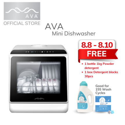 AVA Mini Dishwasher with FREE 1kg Dishwasher Powder Detergent